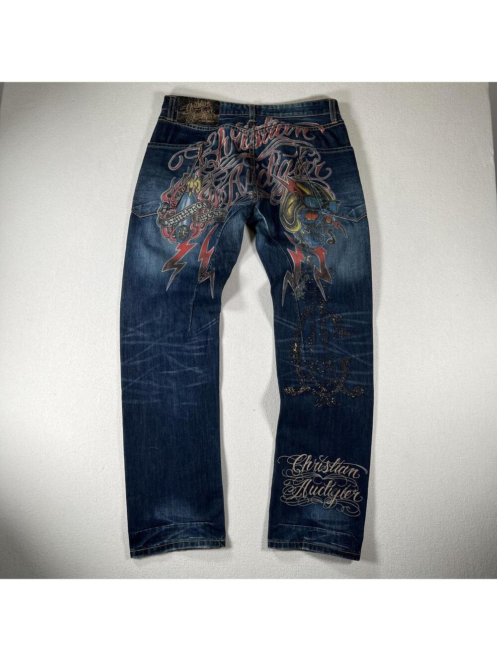 Christian Audiger Y2K 32 tattoo rhinestone denim jeans